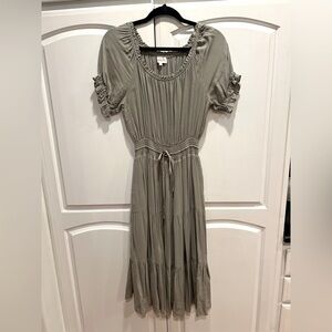 Bohme Smocked Shiloh Olive Green Cap Sleeve Midi Dress